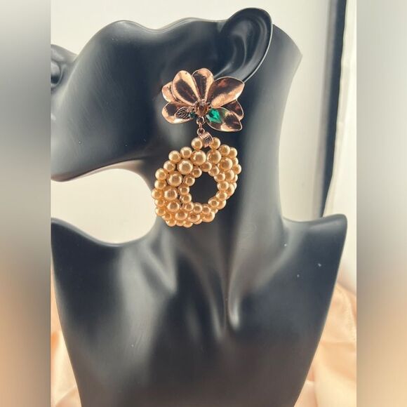 Elegant Pearl Hoop Earrings with Floral Accent - Picture 7 of 8